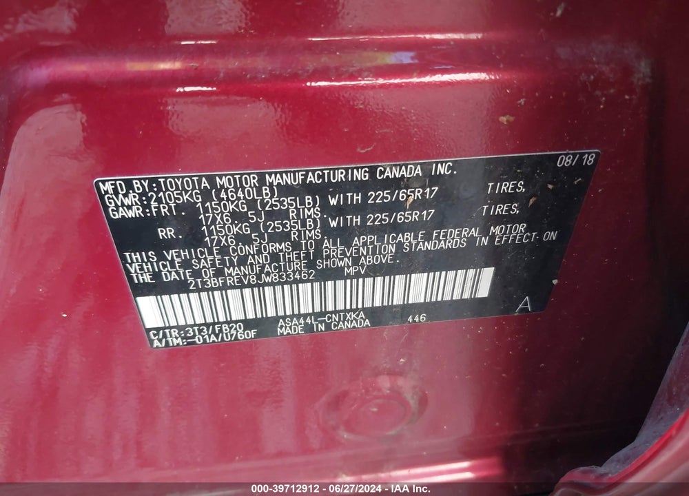 2018 TOYOTA RAV4 LE VIN: 2T3BFREV8JW833462