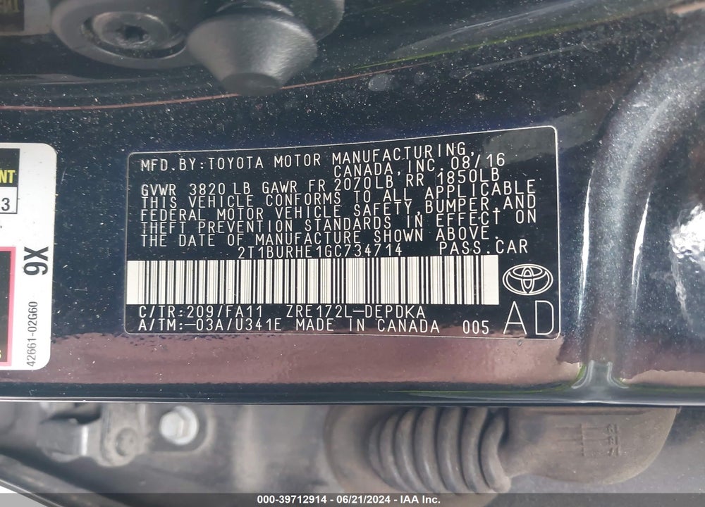2016 TOYOTA COROLLA L VIN: 2T1BURHE1GC734714
