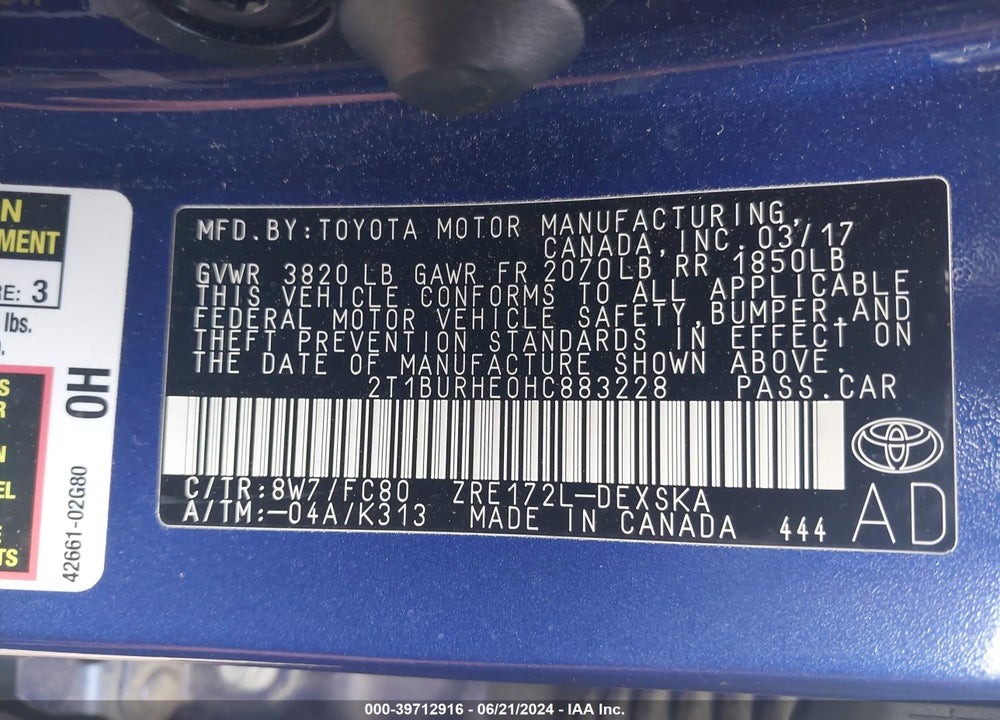 2017 TOYOTA COROLLA SE VIN: 2T1BURHE0HC883228