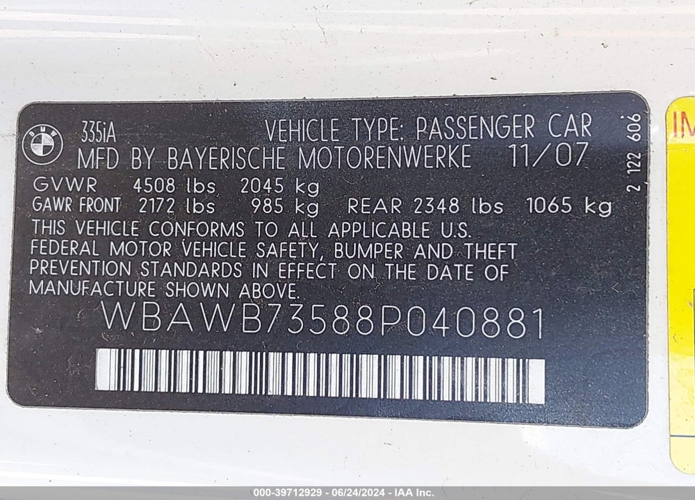 2008 BMW 335I VIN: WBAWB73588P040881
