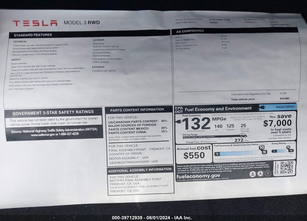 2024 TESLA MODEL 3 REAR-WHEEL DRIVE VIN: 5YJ3E1EA9RF751554