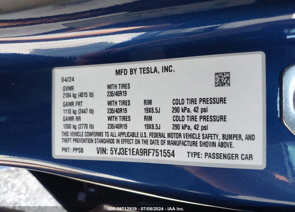 2024 TESLA MODEL 3 REAR-WHEEL DRIVE VIN: 5YJ3E1EA9RF751554