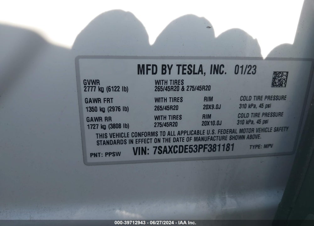 2023 TESLA MODEL X DUAL MOTOR ALL-WHEEL DRIVE/STANDARD RANGE VIN: 7SAXCDE53PF381181