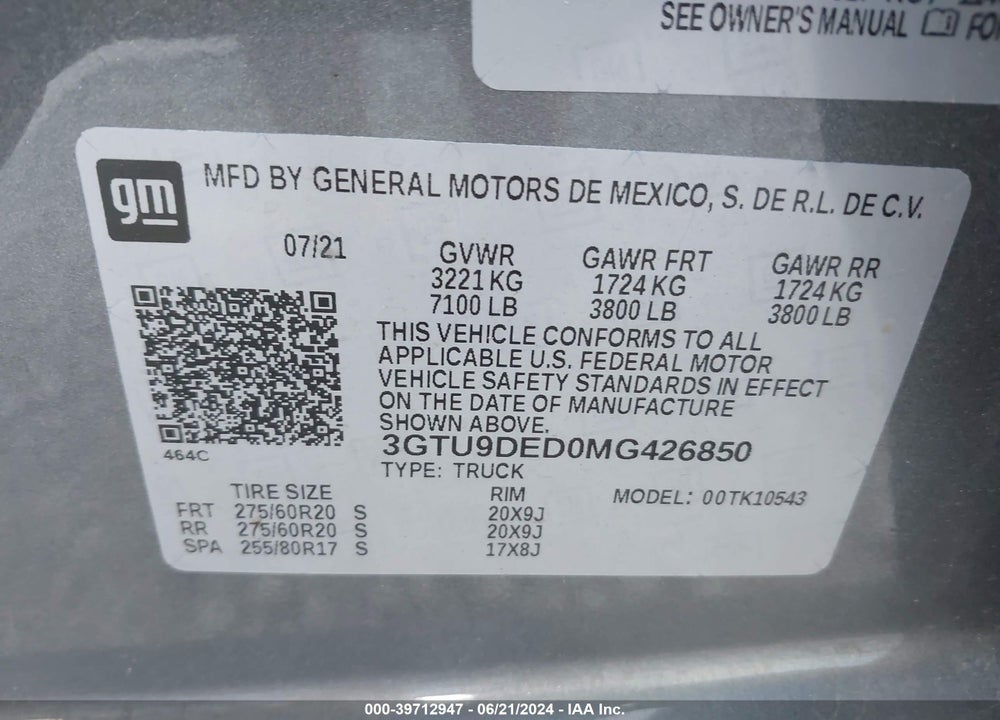 2021 GMC SIERRA 1500 4WD SHORT BOX SLT VIN: 3GTU9DED0MG426850