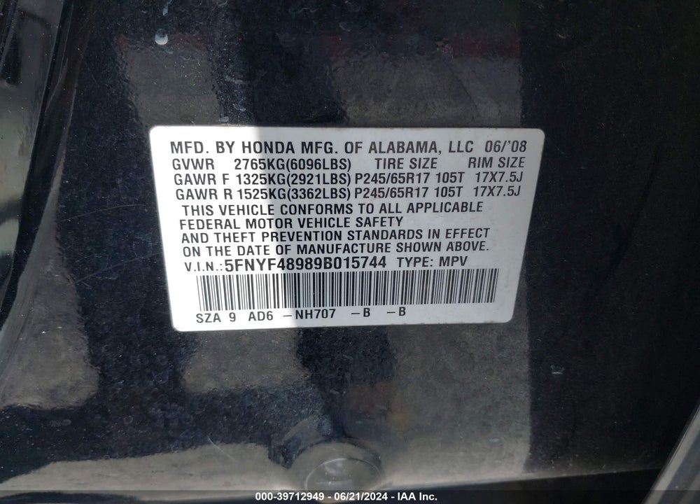 2009 HONDA PILOT TOURING VIN: 5FNYF48989B015744