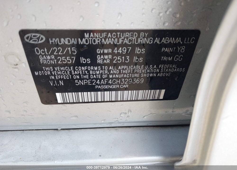 2016 HYUNDAI SONATA SE VIN: 5NPE24AF4GH329369