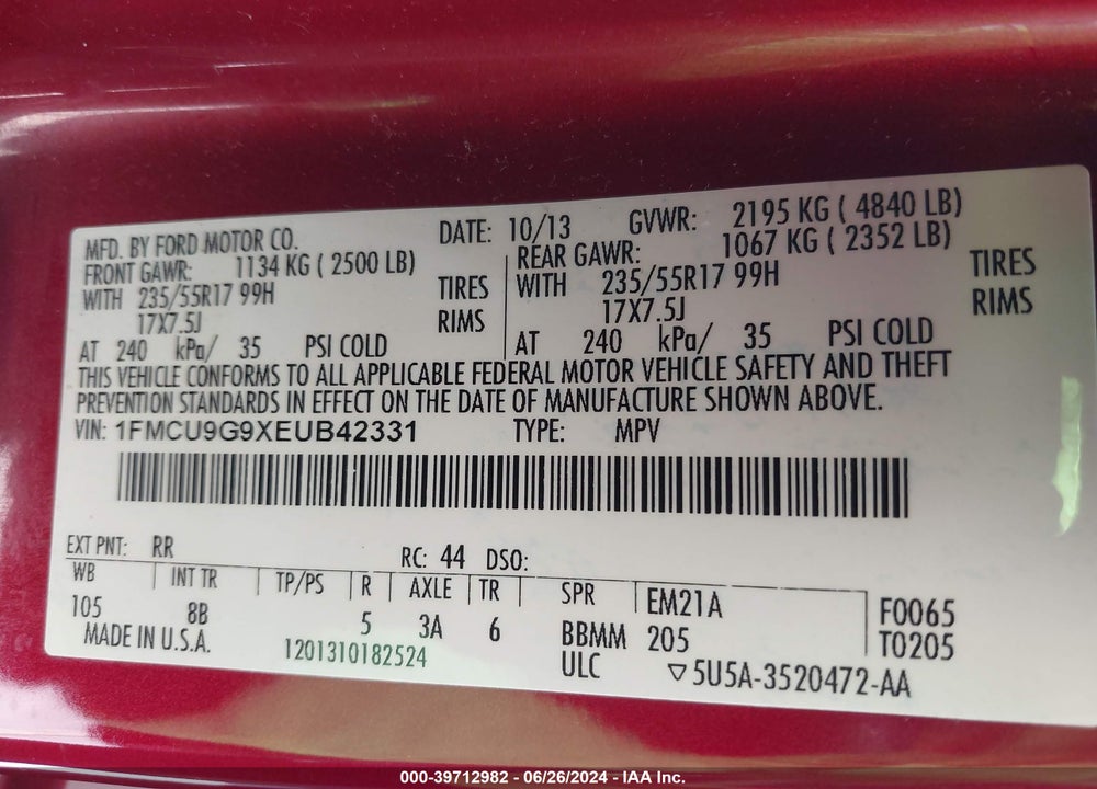 2014 FORD ESCAPE SE VIN: 1FMCU9G9XEUB42331