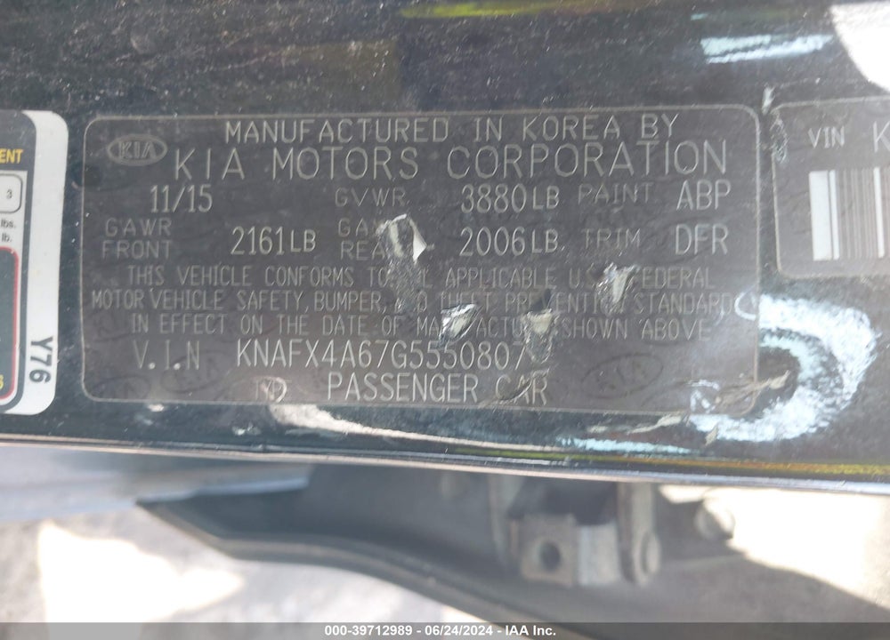 2016 KIA FORTE LX VIN: KNAFX4A67G5550807