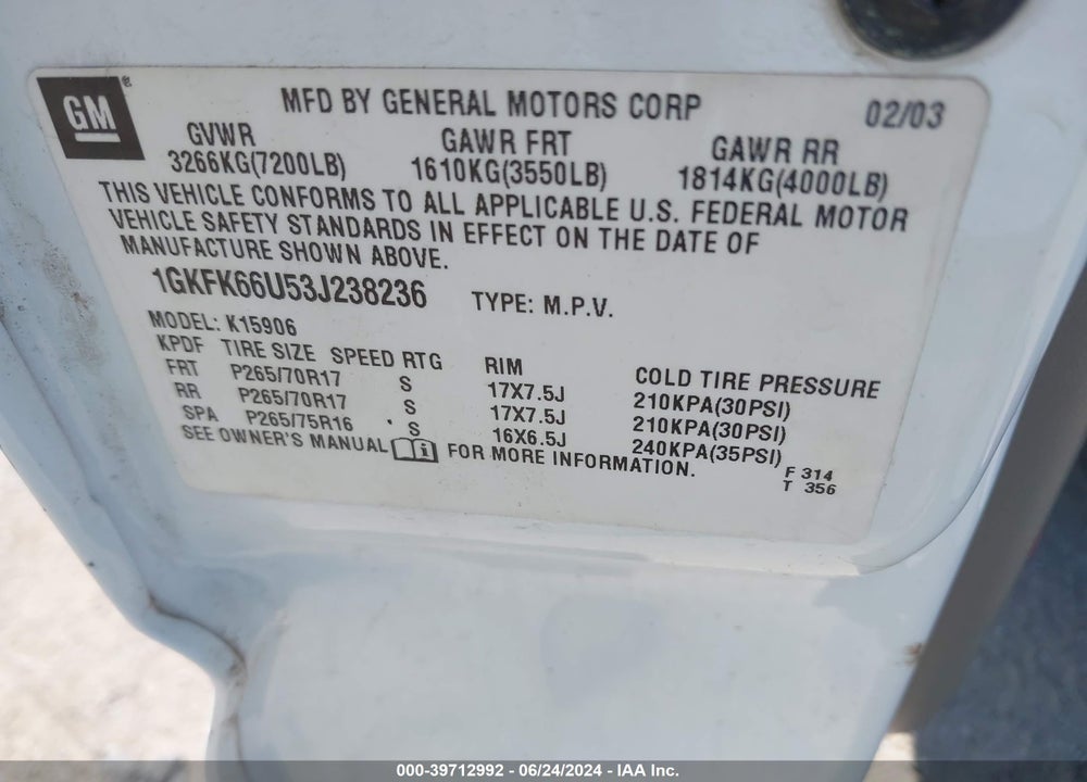 2003 GMC YUKON XL 1500 VIN: 1GKFK66U53J238236