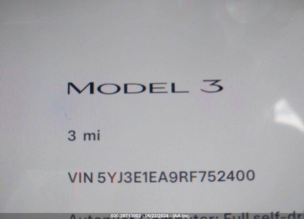 2024 TESLA MODEL 3 REAR-WHEEL DRIVE VIN: 5YJ3E1EA9RF752400