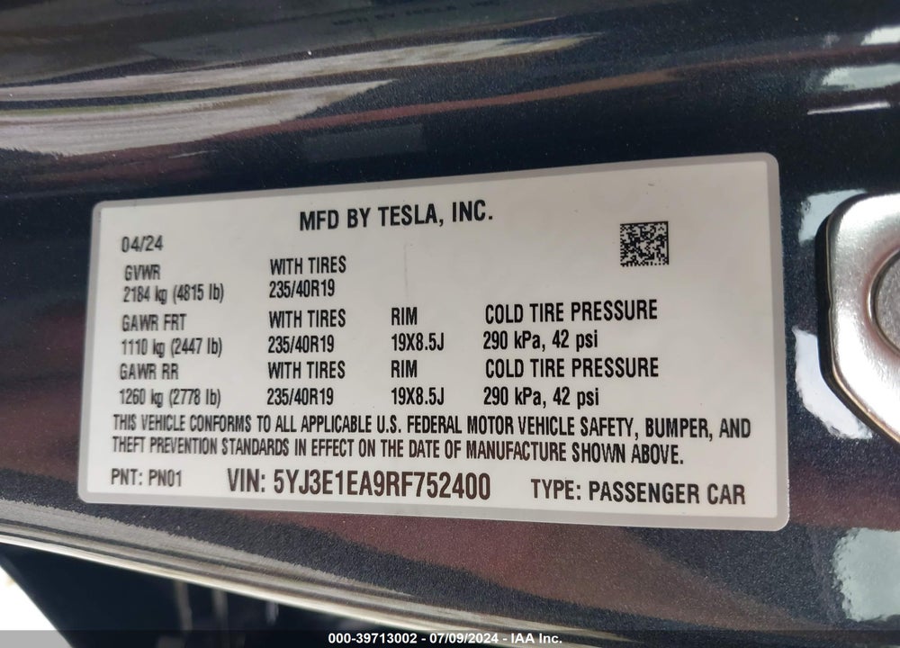 2024 TESLA MODEL 3 REAR-WHEEL DRIVE VIN: 5YJ3E1EA9RF752400