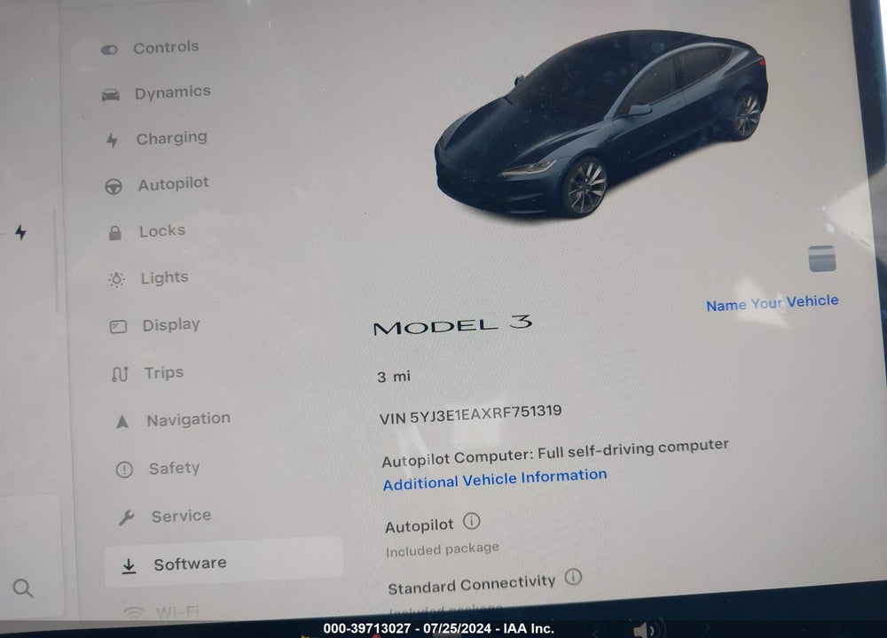 2024 TESLA MODEL 3 REAR-WHEEL DRIVE VIN: 5YJ3E1EAXRF751319