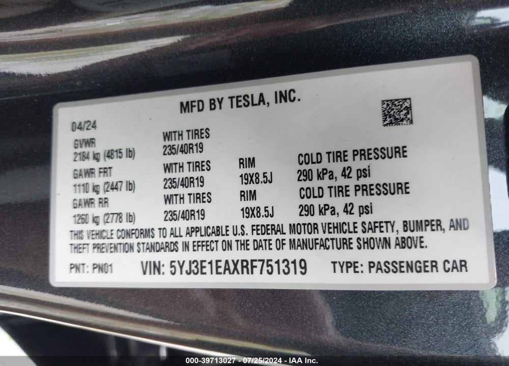 2024 TESLA MODEL 3 REAR-WHEEL DRIVE VIN: 5YJ3E1EAXRF751319