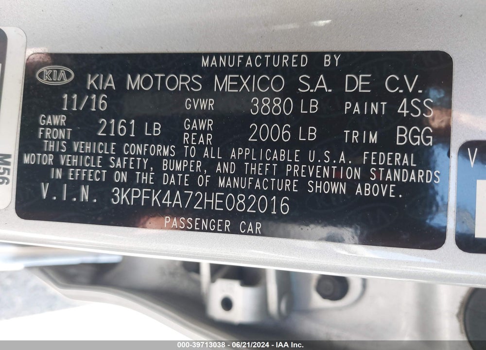 2017 KIA FORTE LX VIN: 3KPFK4A72HE082016