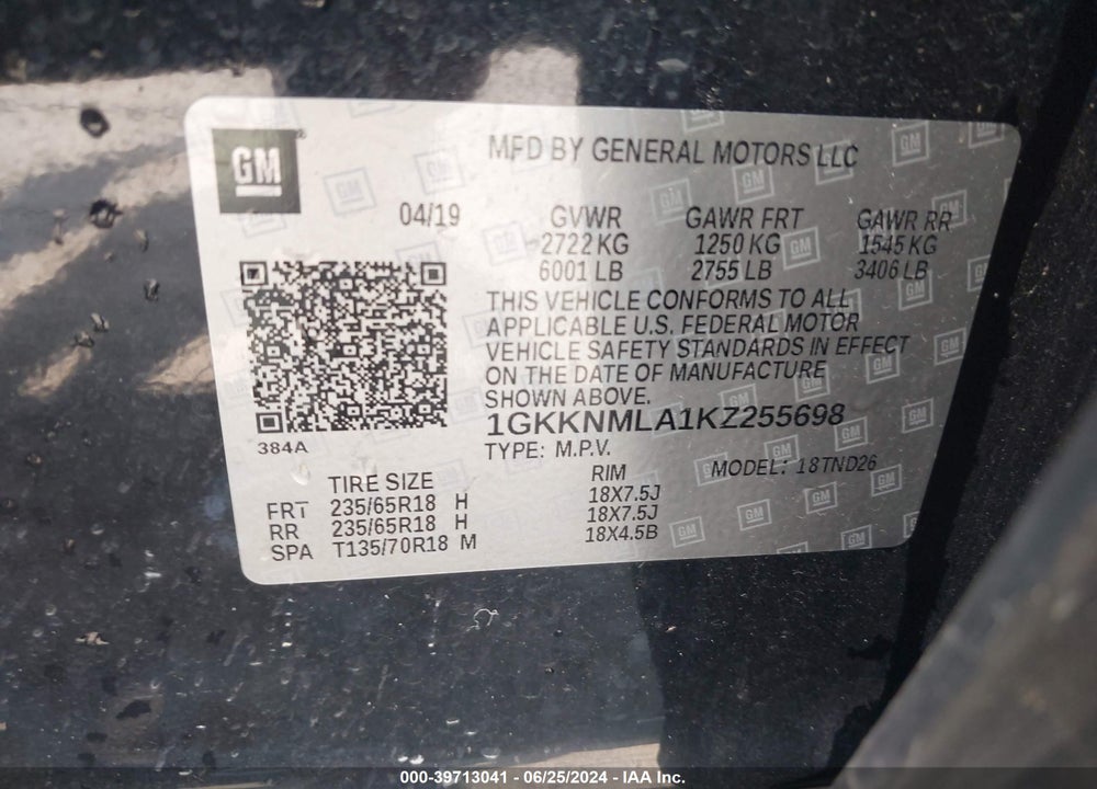 2019 GMC ACADIA SLT-1 VIN: 1GKKNMLA1KZ255698