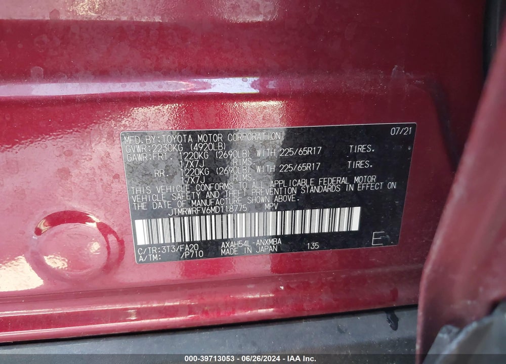 2021 TOYOTA RAV4 HYBRID XLE VIN: JTMRWRFV6MD118775