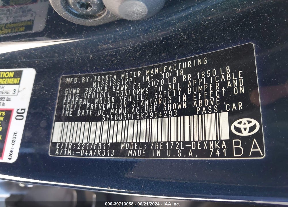 2019 TOYOTA COROLLA LE VIN: 5YFBURHE9KP904293