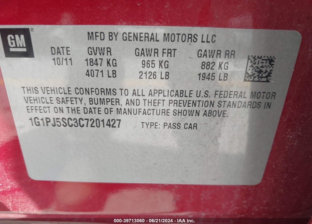 2012 CHEVROLET CRUZE ECO VIN: 1G1PJ5SC3C7201427