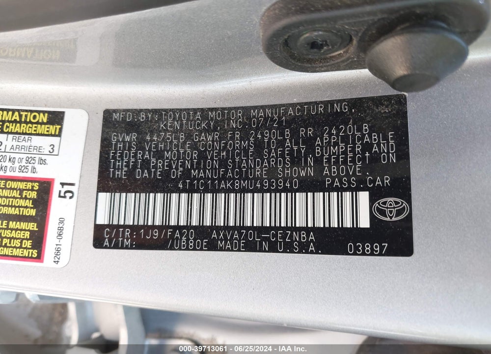 2021 TOYOTA CAMRY LE VIN: 4T1C11AK8MU493940