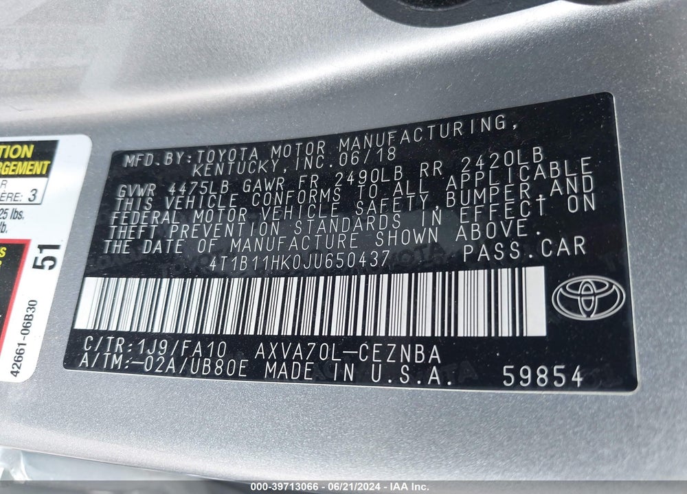 2018 TOYOTA CAMRY LE VIN: 4T1B11HK0JU650437