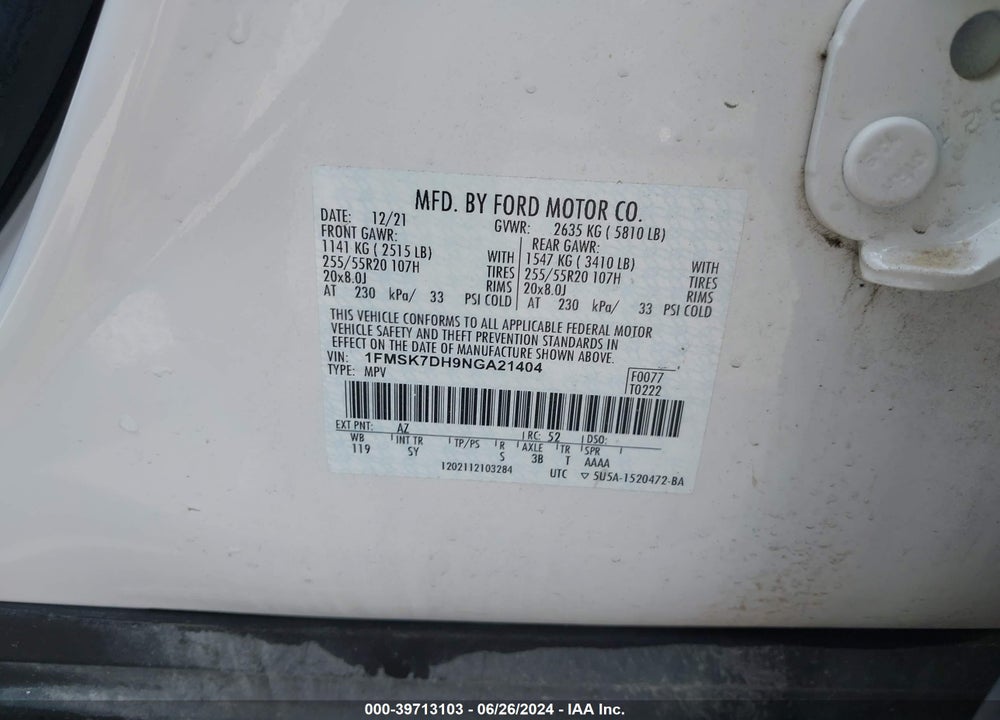 2022 FORD EXPLORER XLT VIN: 1FMSK7DH9NGA21404