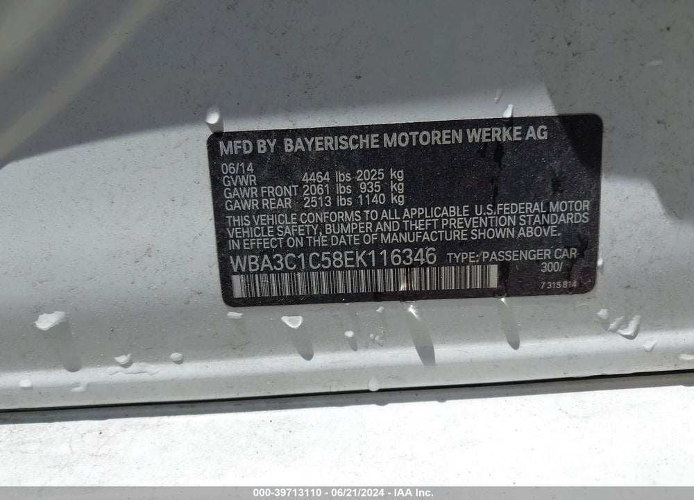 2014 BMW 328I VIN: WBA3C1C58EK116346