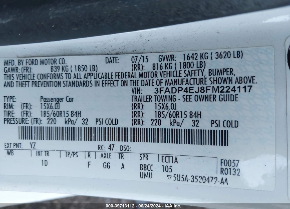 2015 FORD FIESTA SE VIN: 3FADP4EJ8FM224117
