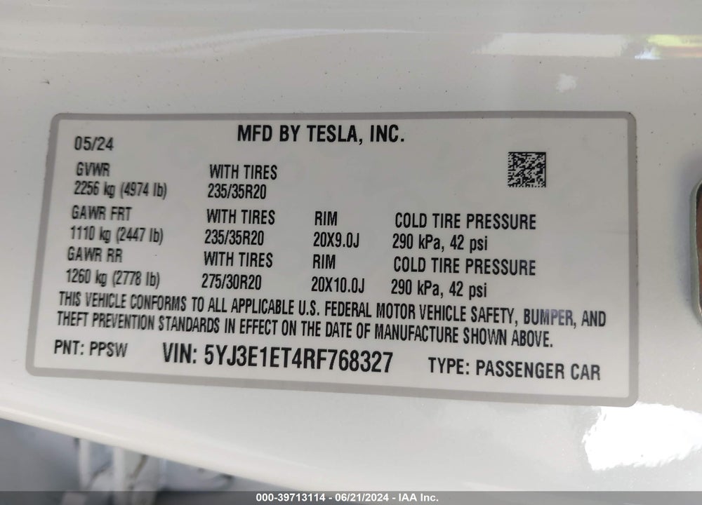 2024 TESLA MODEL 3 VIN: 5YJ3E1ET4RF768327