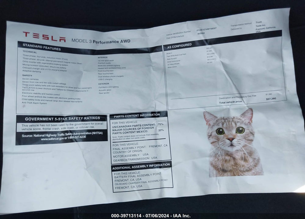 2024 TESLA MODEL 3 VIN: 5YJ3E1ET4RF768327
