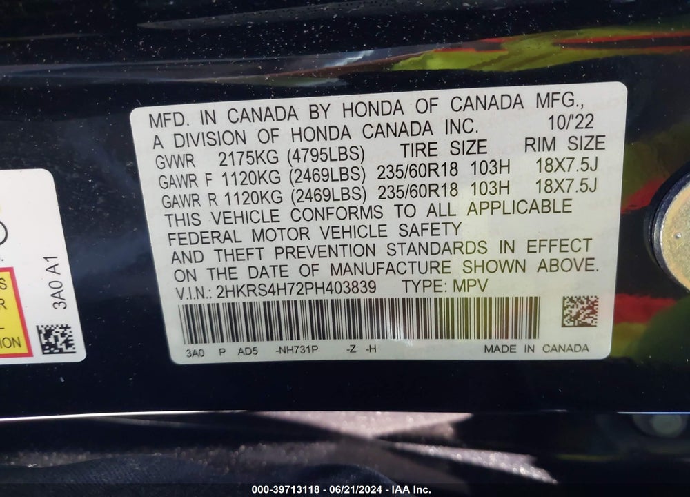 2023 HONDA CR-V EX-L AWD VIN: 2HKRS4H72PH403839