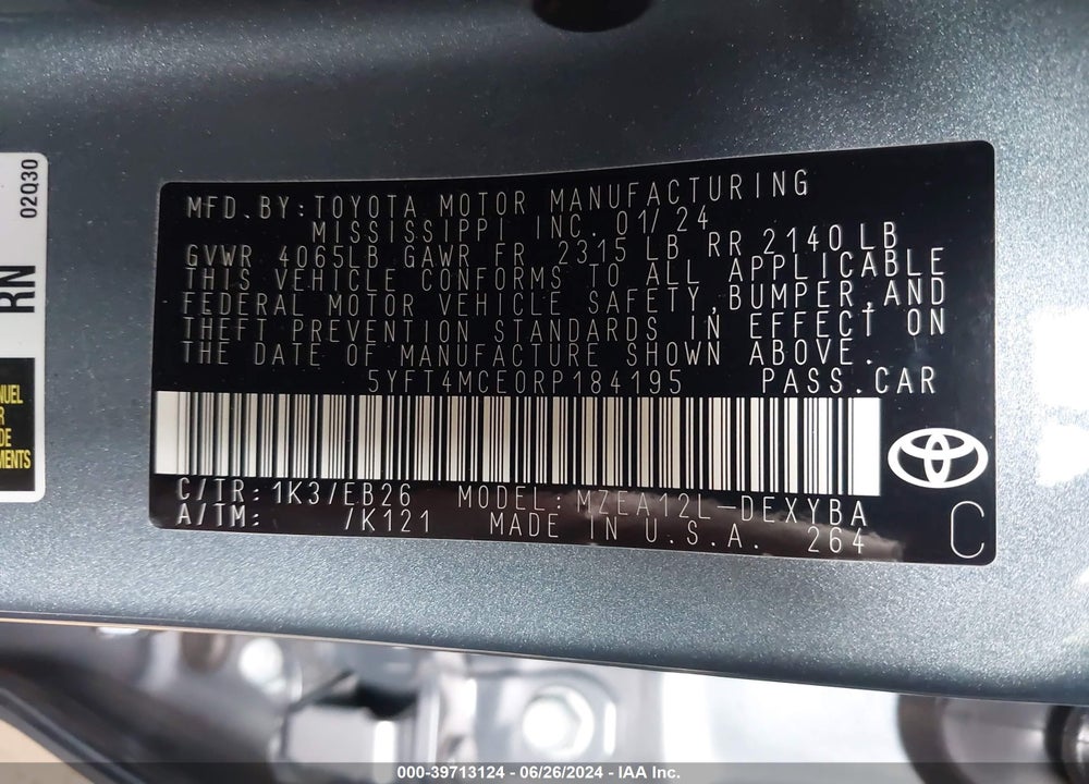 2024 TOYOTA COROLLA XSE VIN: 5YFT4MCE0RP184195