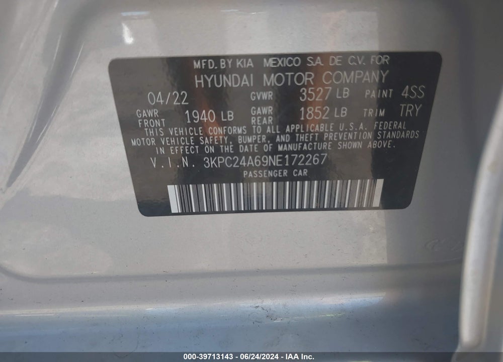 2022 HYUNDAI ACCENT SEL VIN: 3KPC24A69NE172267
