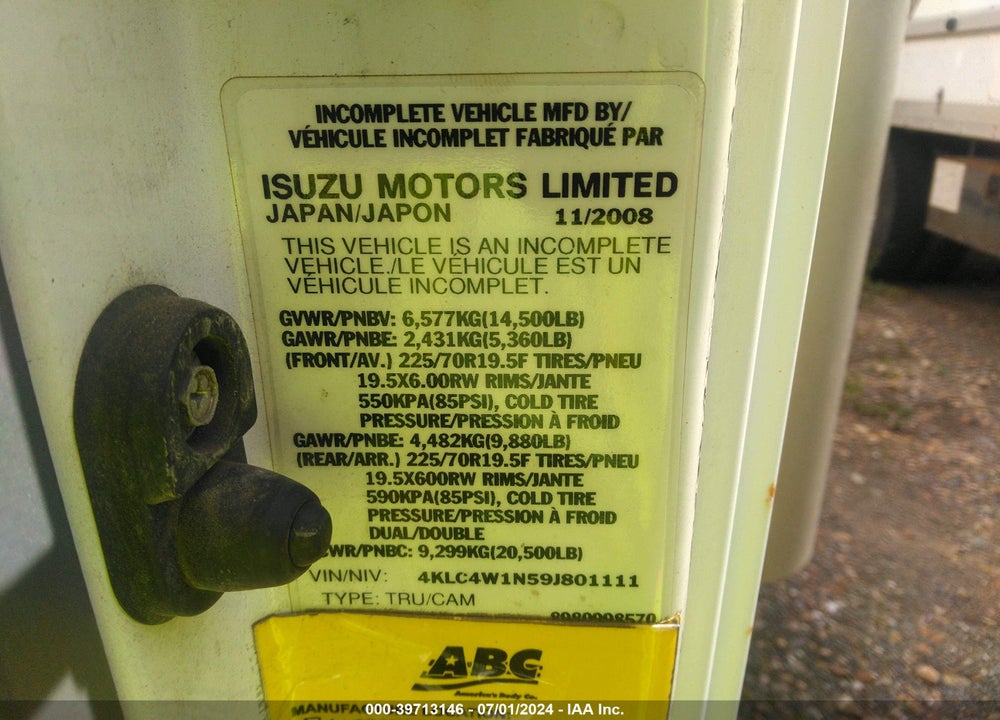 2009 ISUZU NPR HD GAS REG VIN: 4KLC4W1N59J801111