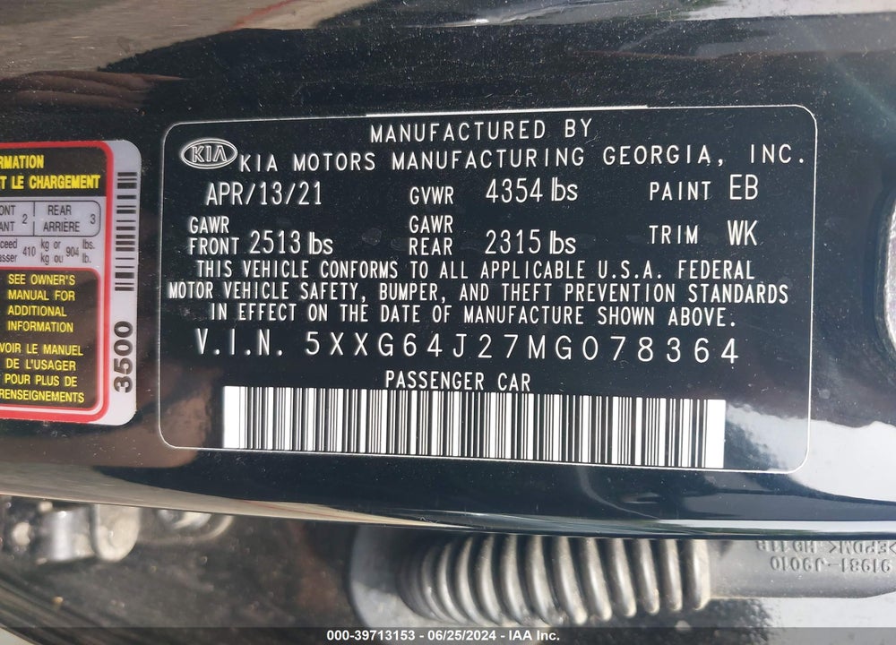 2021 KIA K5 GT LINE VIN: 5XXG64J27MG078364