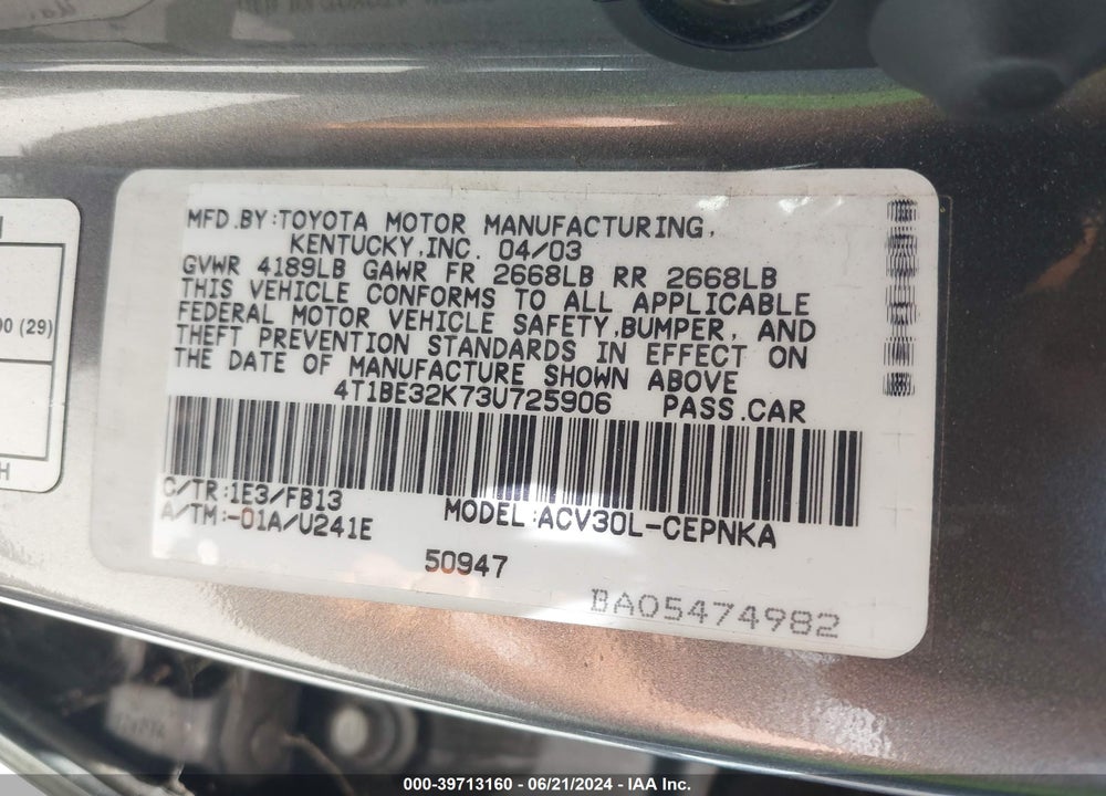 2003 TOYOTA CAMRY LE VIN: 4T1BE32K73U725906