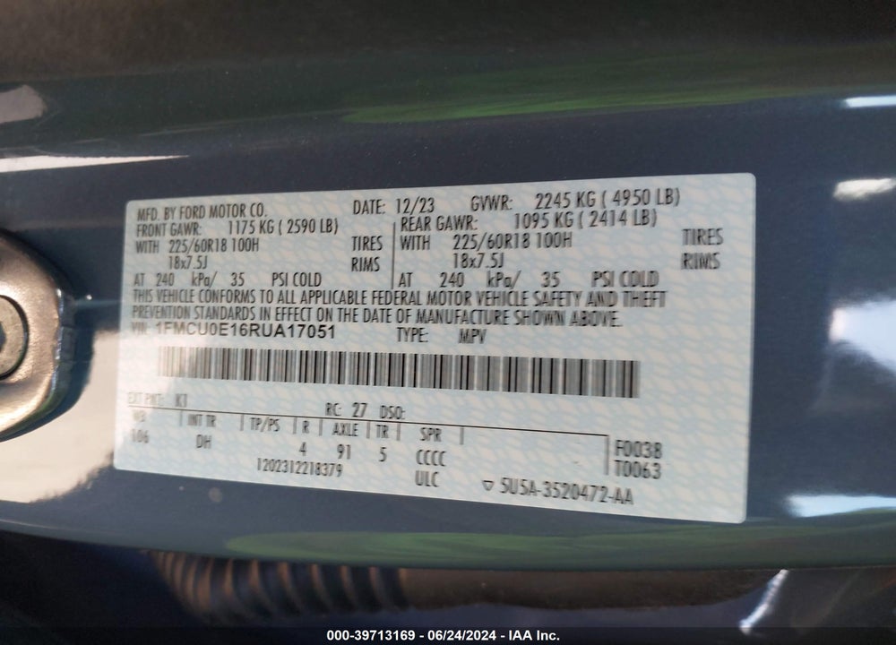 2024 FORD ESCAPE PHEV VIN: 1FMCU0E16RUA17051