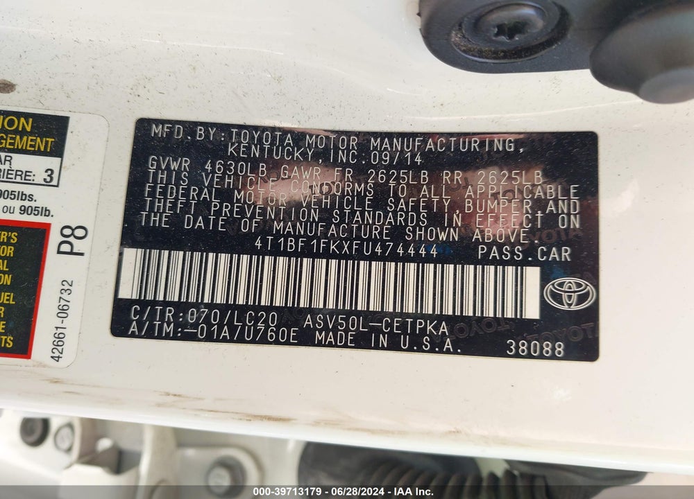 2015 TOYOTA CAMRY XSE VIN: 4T1BF1FKXFU474444