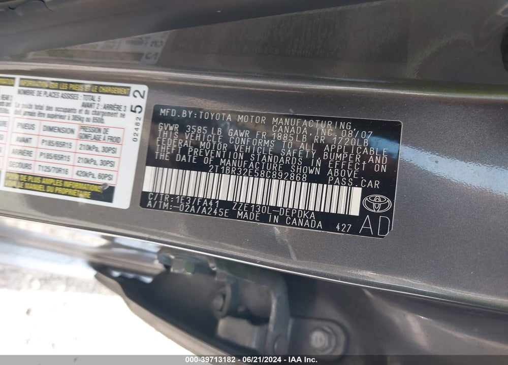 2008 TOYOTA COROLLA CE VIN: 2T1BR32E58C892868