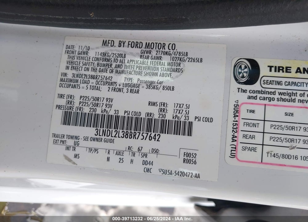 2011 LINCOLN MKZ HYBRID VIN: 3LNDL2L38BR757642