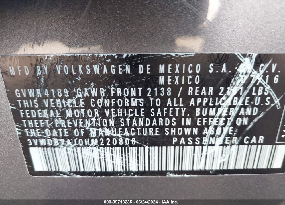 2017 VOLKSWAGEN JETTA 1.4T SE VIN: 3VWDB7AJ0HM220806