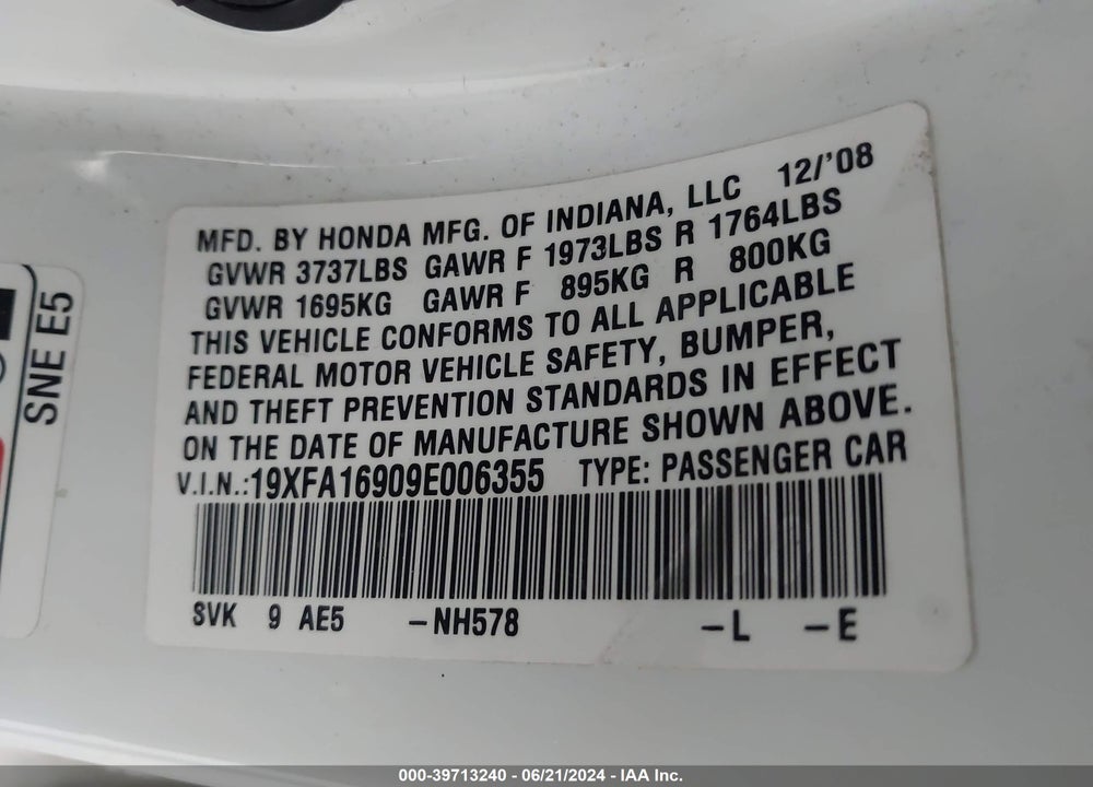 2009 HONDA CIVIC EX-L VIN: 19XFA16909E006355