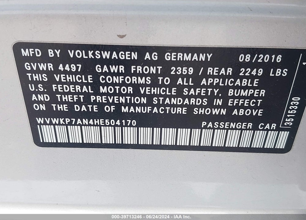 2017 VOLKSWAGEN CC 2.0T SPORT VIN: WVWKP7AN4HE504170