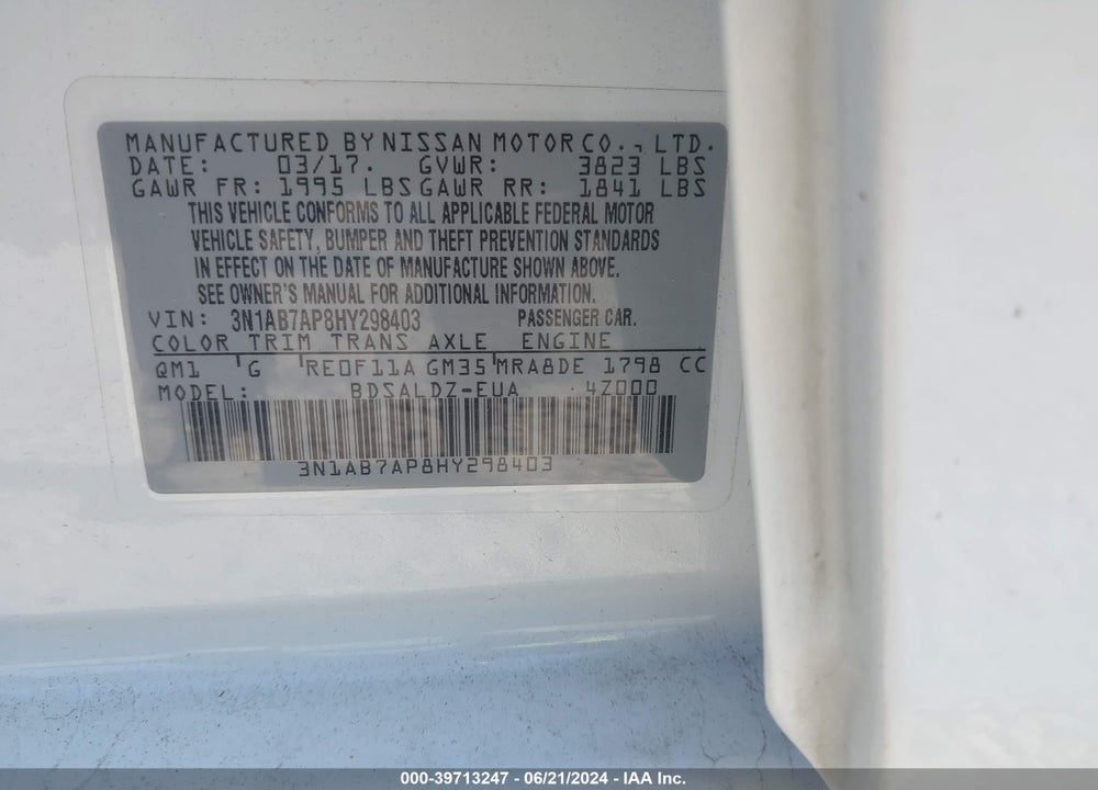 2017 NISSAN SENTRA SV VIN: 3N1AB7AP8HY298403