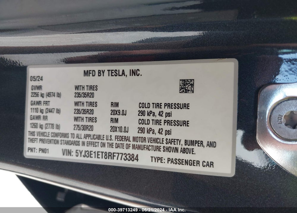 2024 TESLA MODEL 3 VIN: 5YJ3E1ET8RF773384