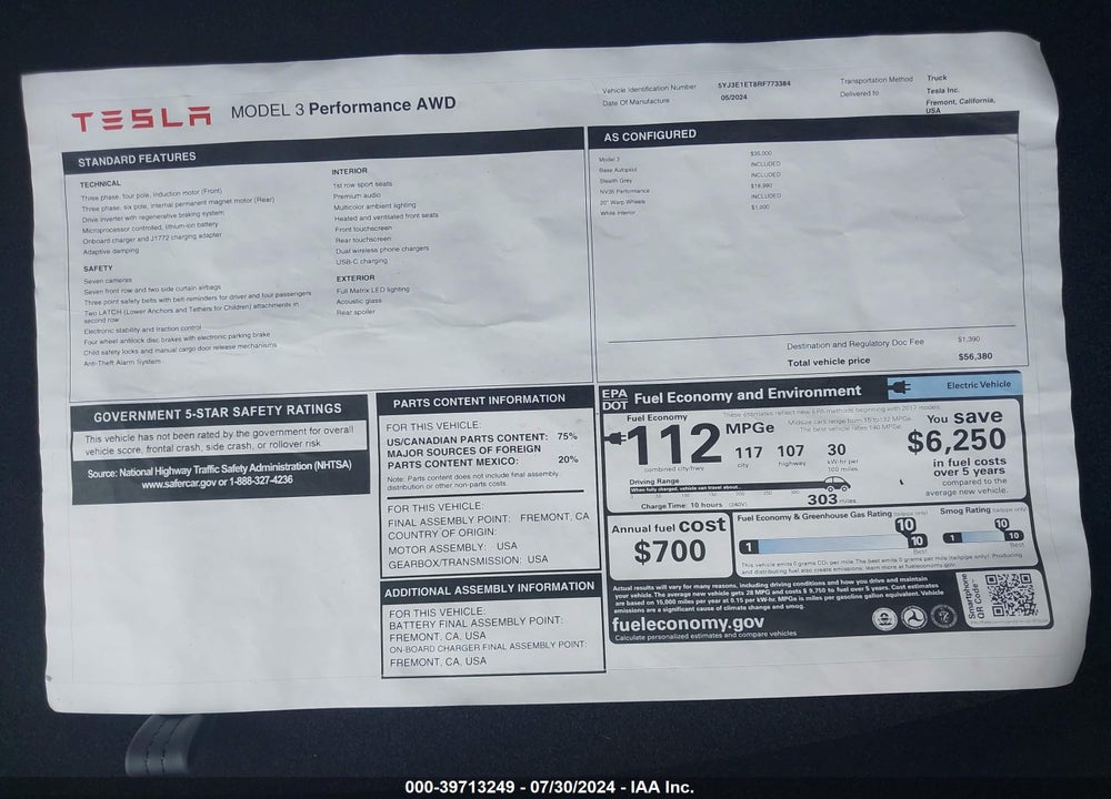 2024 TESLA MODEL 3 VIN: 5YJ3E1ET8RF773384