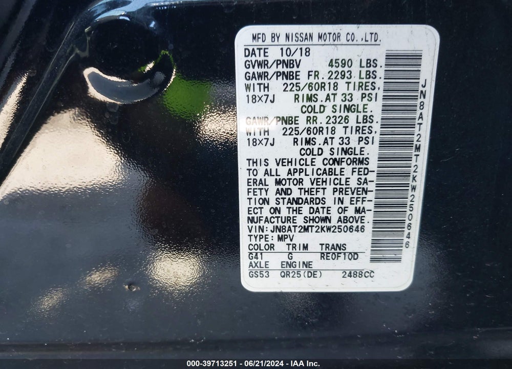 2019 NISSAN ROGUE SV VIN: JN8AT2MT2KW250646