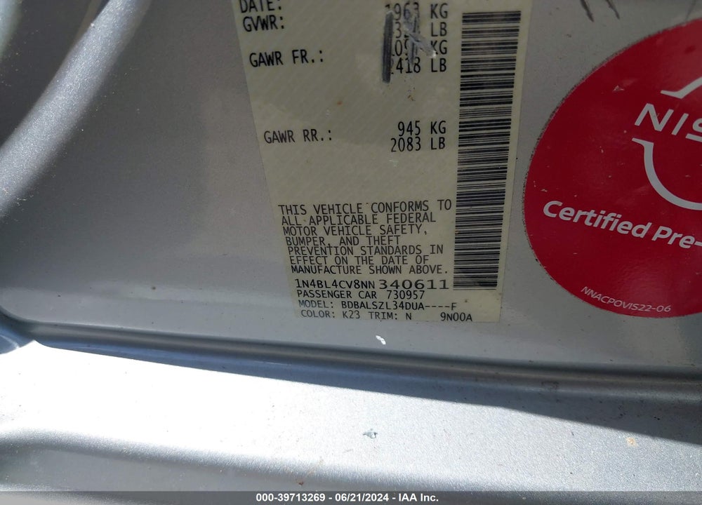 2022 NISSAN ALTIMA SR FWD VIN: 1N4BL4CV8NN340611