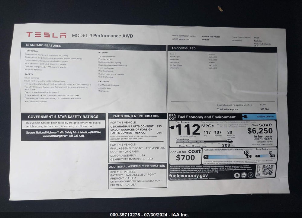2024 TESLA MODEL 3 VIN: 5YJ3E1ET9RF785821
