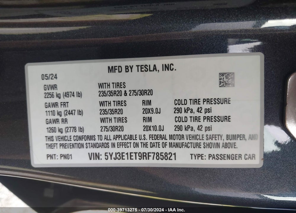 2024 TESLA MODEL 3 VIN: 5YJ3E1ET9RF785821