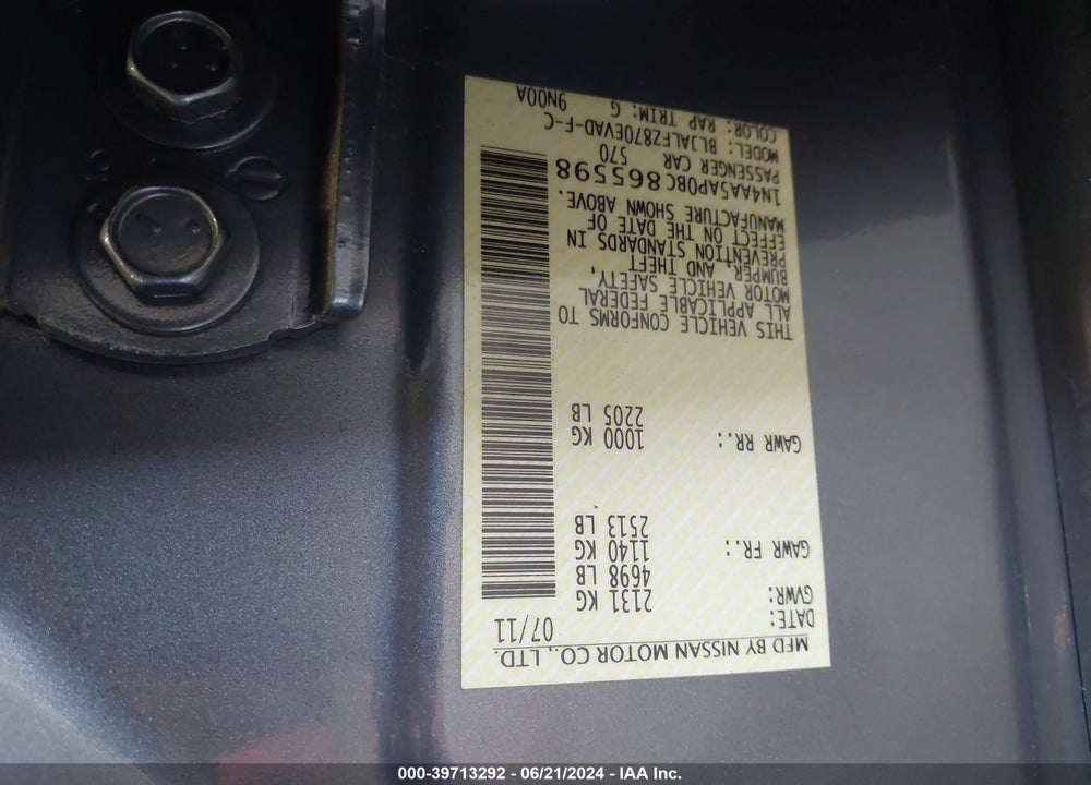 2011 NISSAN MAXIMA 3.5 SV VIN: 1N4AA5AP0BC865598